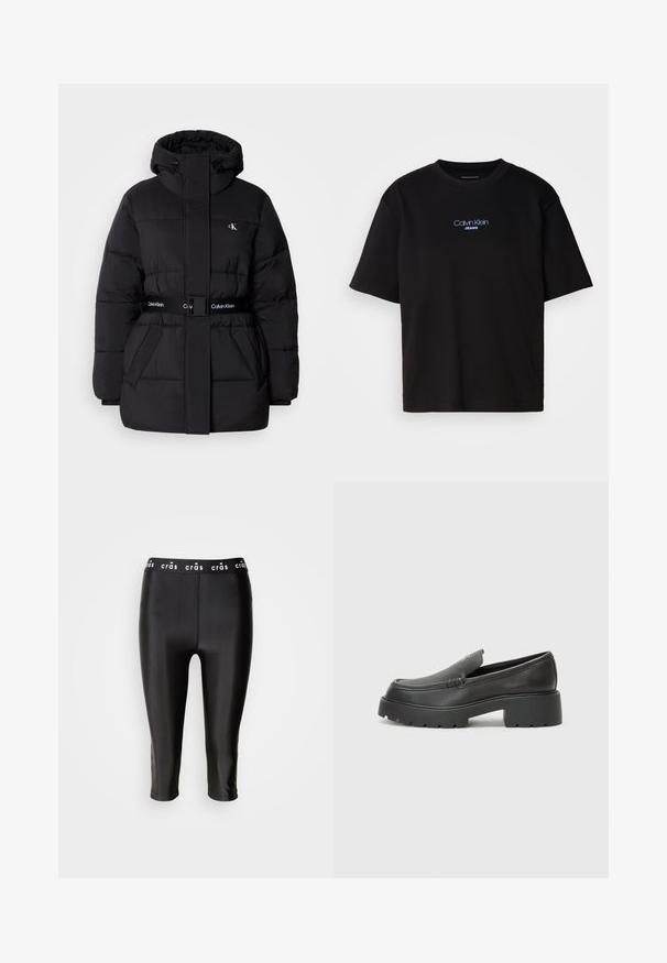 Čierna prešívaná bunda s vysokým golierom a nastaviteľnou kapucňou, zúžený pás, so zapínaním na opasok a logom na opasku a náprsných vreckách.; Čierne bavlnené tričko s okrúhlym výstrihom, krátkymi rukávmi a modrým vyšívaným logom "Calvin Klein JEANS" na prednej strane.; Čierne skrátené legíny s lesklým povrchom, so širokým pásom so značkou "crās" a hladkou textúrou. Žiadne viditeľné švy ani vzory.; Čierne kožené mokasíny s okrúhlou špičkou, hrubou textúrovanou podrážkou a minimom stehovej výzdoby. Štíhly dizajn bez viditeľných šnúr alebo kovania.