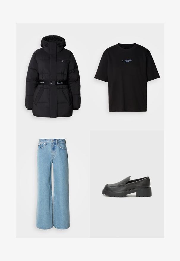 Čierna prešívaná bunda s vysokým golierom a nastaviteľnou kapucňou, zúžený pás, so zapínaním na opasok a logom na opasku a náprsných vreckách.; Čierne bavlnené tričko s okrúhlym výstrihom, krátkymi rukávmi a modrým vyšívaným logom "Calvin Klein JEANS" na prednej strane.; Svetlomodré široké rifle vyrobené z denimu, s vysokým pásom, päticou vreciek a jemným vyblednutím na látke.; Čierne kožené mokasíny s okrúhlou špičkou, hrubou textúrovanou podrážkou a minimom stehovej výzdoby. Štíhly dizajn bez viditeľných šnúr alebo kovania.