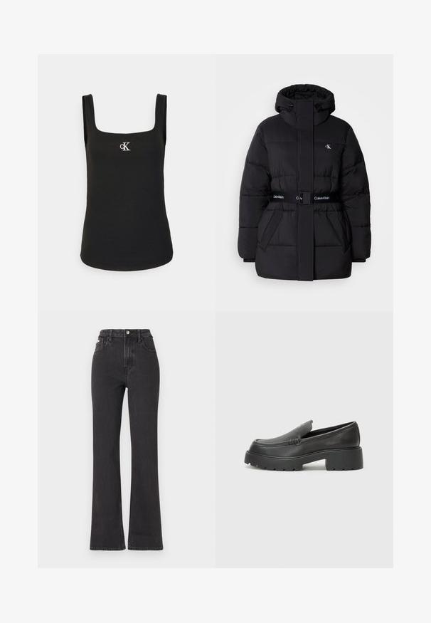 Zwarte donsjack met hoge kraag en verstelbare capuchon, getailleerde taille, ceinture ontwerp en logo-detail op de riem en borst zakken.; Zwarte tanktop met een vierkante halslijn, geribbeld textuur en een klein wit "cK" logo op de borst, met brede schouderbanden.; Zwarte hoge taille flared jeans van denim, met een knoopsluiting, riemlussen en zijzakken. Gladde textuur met minimale vervaging.; Zwarte leren instappers met een ronde neus, dikke getextureerde zool en minimale stikseldetails. Strak ontwerp zonder zichtbare veters of hardware.