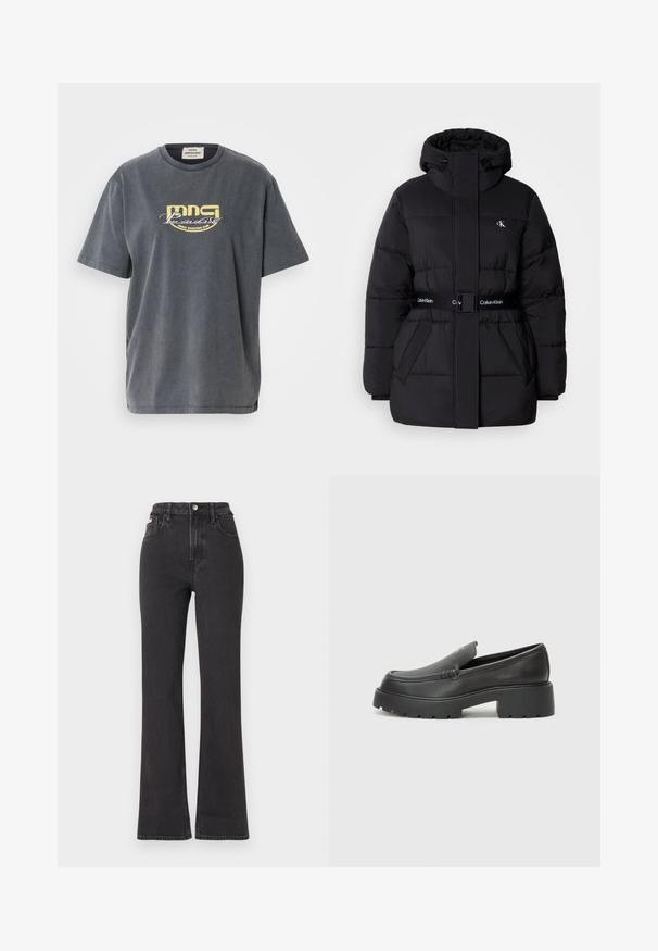 Giacca a vento nera con colletto alto e cappuccio regolabile, vita stretta, design con cintura e dettagli con logo sulla cintura e sulle tasche sul petto.; Maglietta grigia in cotone con maniche corte. Presenta una stampa grafica gialla che riporta la scritta "MNG Paradise Disco Dancing Club" sul davanti.; Jeans neri a vita alta e a zampa d'elefante in denim, con chiusura a bottoni, passanti per cintura e tasche laterali. Texture liscia con minimal fading.; Mocassini in pelle nera con punta arrotondata, suola spessa e testurizzata, e minime cuciture. Design elegante senza lacci o parti metalliche visibili.
