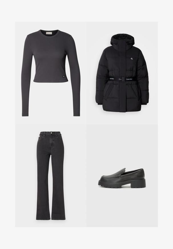 Čierna prešívaná bunda s vysokým golierom a nastaviteľnou kapucňou, zúžený pás, so zapínaním na opasok a logom na opasku a náprsných vreckách.; Dlhý rukáv, skrátený top v tmavošedej ryhovej látke s okrúhlym výstrihom a malou nášivkou s logom na spodnom okraji. Hladká textura, priliehavý strih.; Čierne džíny s vysokým pásom a rozšírenými nohavicami vyrobené z denimu, s gombíkovým zapínaním, pútkami na opasok a bočnými vreckami. Hladká textúra s minimálnym ošúchaním.; Čierne kožené mokasíny s okrúhlou špičkou, hrubou textúrovanou podrážkou a minimom stehovej výzdoby. Štíhly dizajn bez viditeľných šnúr alebo kovania.
