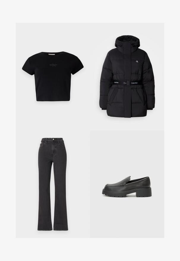 Fekete puffdzseki magas gallérral és állítható kapucnival, megkötős derékkal, övezett dizájnnal, valamint logóval díszített övvel és mellzsebekkel.; Fekete bordázott, rövid ujjú crop top, puha anyagból készült, középen diszkrét Calvin Klein logóval. Egyszerű, klasszikus dizájn.; Fekete, magas derekú, trapéz fazonú farmernadrág, gombos záródással, övrésszel és oldalsó zsebekkel. Sima textúrájú, minimális kopással.; Fekete bőr loafer cipők kerek orral, vastag, texturált talppal és minimális varrási részletekkel. Áramvonalas dizájn, látható fűzők vagy fém részek nélkül.