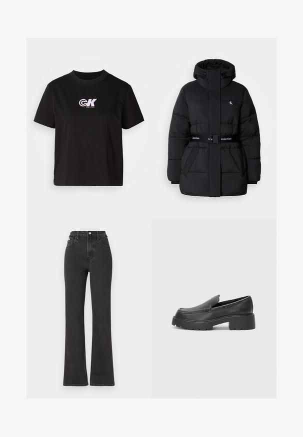 Black puffer jacket with a high collar and adjustable hood, cinched waist, belted design, and logo detailing on the belt and chest pockets.; Black cotton t-shirt with a round neckline and short sleeves. Features a white and pink "CK" logo on the upper left chest area.; Black high-waisted flared jeans made of denim, featuring a button closure, belt loops, and side pockets. Smooth texture with minimal fading.; Black leather loafers with a rounded toe, thick textured sole, and minimal stitching details. Sleek design with no visible laces or hardware.