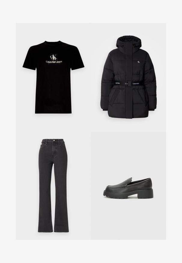 Crna puffer jakna s visokim ovratnikom i podesivom kapuljačom, strukirana, sa remenom i detaljima logotipa na remenu i džepovima na prsima.; Crna pamučna majica kratkih rukava, s bijelim i zlatnim "CK" logotipom i natpisom "Calvin Klein Jeans" sprijeda. Standardni kroj.; Crne traperice s visokim strukom i proširenim dnom, izrađene od denima, s kopčanjem na dugme, petljama za remen i bočnim džepovima. Glatka tekstura s minimalnim izblijedjenjem.; Crne kožne loaferice s zaobljenim vrhom, debelim teksturiranim potplatom i minimalnim detaljima šivanja. Elegantna izrada bez vidljivih vezica ili metalnih elemenata.