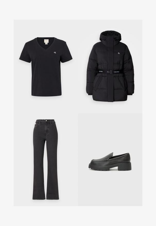 Casaco puffer preto com colarinho alto e capuz ajustável, cintura ajustada, design com cinto e detalhes do logótipo no cinto e nos bolsos do peito.; T-shirt preta de algodão com decote em V e mangas curtas, apresentando um pequeno logotipo branco "ck" no lado esquerdo do peito. Design simples e clássico.; Jeans flared pretos de cintura alta feitos de denim, com fecho de botão, passadores para cinto e bolsos laterais. Textura suave com desbotamento mínimo.; Mocassins de couro preto com bico arredondado, sola espessa e texturizada, e detalhes de costura minimalistas. Design elegante sem atacadores ou ferragens visíveis.