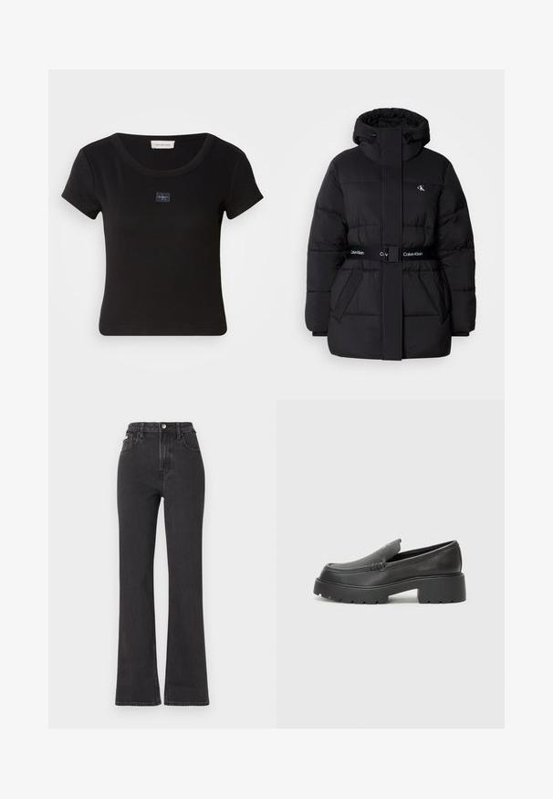 Juodas pūkinis švarkas su aukštu apykakle ir reguliuojama kapuce, susiaurinta talija, diržo dizainas ir logotipo detalės ant diržo ir krūtinės kišenių.; Juodas trumpomis rankovėmis marškinėliai su raukšlėtu paviršiumi, su maža logotipo etikete ant krūtinės ir apvaliu iškirpimu.; Juodi aukštu liemeniu platėjantys džinsai, pagaminti iš džinsinio audinio, su mygtuko uždarymu, diržo kilpomis ir šoninėmis kišenėmis. Lygus paviršius su minimaliais išblukimais.; Juodi odiniai loaferiai su apvaliu pirštu, storu tekstūruotu padu ir minimaliu siūlių dekoru. Išskirtinis dizainas be matomų raištelių ar furnitūros.