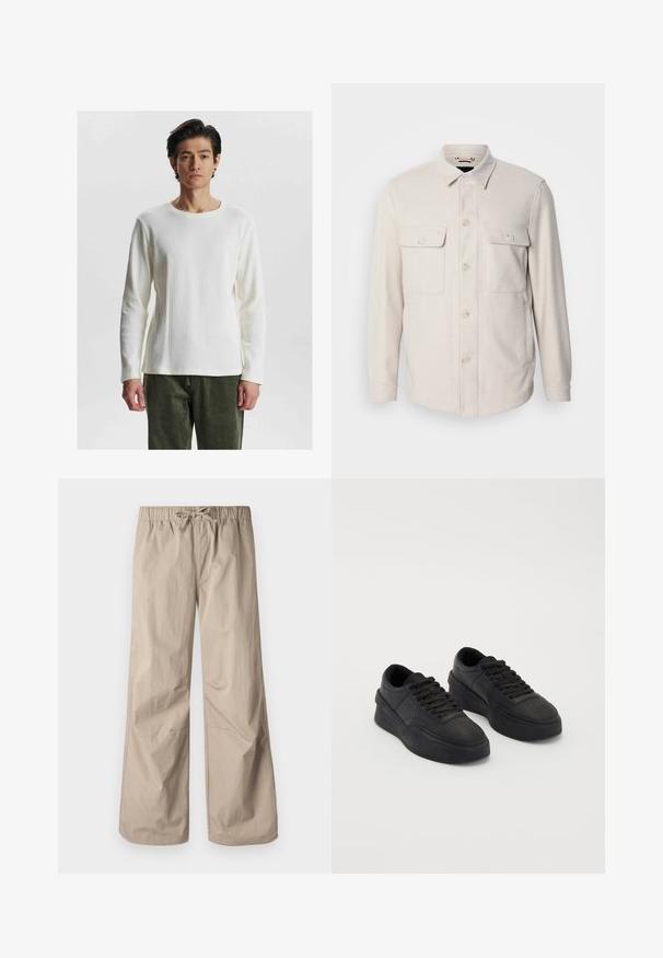Svijetlo bež košulja s dugim rukavima, dva džepa na prsima i ovratnikom, izrađena od mekog materijala s suptilnom teksturom.; Bijela dugosleeve rebrasta majica s okruglim izrezom, koja sadrži teksturirani uzorak i prilagođene rukave, u kombinaciji s maslinastozelenim hlačama.; Bež hlače širokih nogavica s elastičnim pojasom i vezicom. Glatka tekstura, dva bočna džepa i minimalni šavovi za opuštenu prilagodbu.; Crne tenisice od glatke kože s gumom za amortizaciju. Značajke uključuju ravne vezice, perforacije na prstima i elegantnu siluetu.