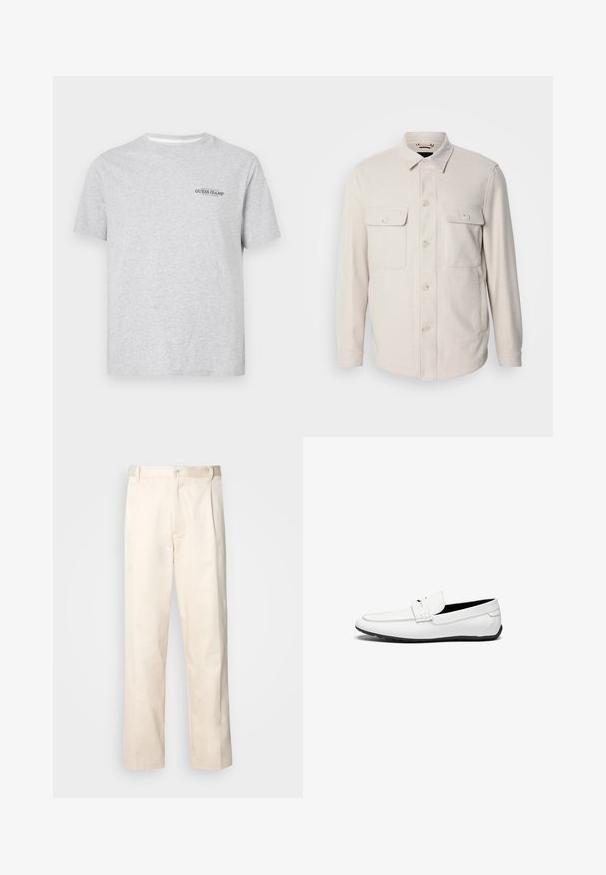 Světle béžová košile s dlouhými rukávy, dvěma náprsními kapsami a límečkem, vyrobená z měkké tkaniny s jemnou texturou.; Šedé bavlněné tričko s krátkými rukávy. Na levé straně hrudi má černý tištěný nápis "GUESS JEANS". Klasický kulatý výstřih.; Bežové bavlněné kalhoty se střihy rovného nohavice, s knoflíkovým zapínáním a záhyby vpředu pro zvýraznění detailu.; Bílé kožené loafers s hladkým povrchem, se šitím po obvodu, kulatou špičkou a černou gumovou podrážkou pro lepší přilnavost.