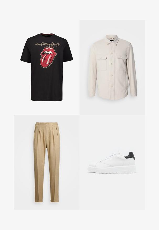 Lys beige knap-op skjorte med lange ærmer, to brystlommer og krave, lavet af blødt stof med en subtil tekstur.; Sort bomulds t-shirt med et stort, slidte rødt tunge- og mundgrafik med "the Rolling Stones" tekst ovenfor og etableringsår nedenfor.; Beige linnedbukser med lige snit, prydet med to forkørsler, knaplukning og sidelommer. Struktureret stof med en glat overflade.; Hvide lædersneakers med en sort hælflap, flade snørebånd, struktureret mellemsål og branding på ydersiden. Designet til afslappet brug.