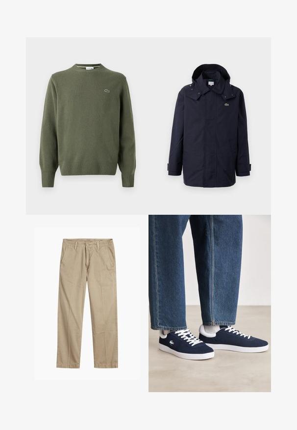 Tengerész kék vízálló dzseki kapucnival, nyomógombos záródással, oldalzsebbel és egy kis zöld krokodil logóval a mellkason.; Olivazöld kötött pulóver, kerek nyakkal, bordás mandzsettákkal és aljjal, bal mellen egy kis hímzett logóval.; Beige egyenes szárú chino nadrág övhurkokkal, elülső gombos és cipzáras záródással, valamint ferde elülső zsebekkel.; Kék vászon sportcipők fehér fűzőkkel és gumis talppal, farmernadrággal és szürke bordás zoknikkal együtt bemutatva, világosszürke felületen.