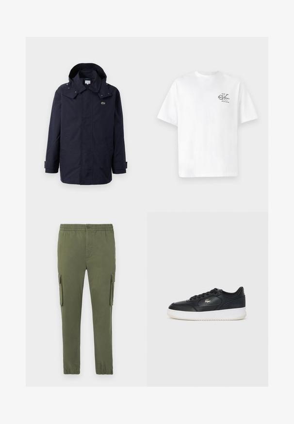 Tengerész kék vízálló dzseki kapucnival, nyomógombos záródással, oldalzsebbel és egy kis zöld krokodil logóval a mellkason.; Fehér pamut póló rövid ujjakkal, kerek nyakkal, a bal mellkas részen fekete CK logóval, normál szabású, sima tapintású.; Olajzöld cargo nadrág, könnyű szövetből készült. Jellemzője az elasztikus derékszíj, gombos záródás és az oldalsó cipzáras zsebek.; Fekete bőrsportcipő fehér talppal, lekerekített orral, fűzős kivitelben, és diszkrét logóval az oldalon. Texturált felsőrész kiemelésekkel.