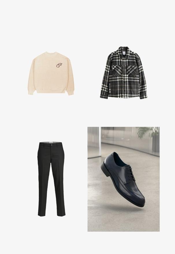 Kariertes Flanelljackett in Dunkelgrau und Weiß, mit zwei Brusttaschen, Knopfschluss und klassischem Kragen.; Beige Rundhalspullover mit langen Ärmeln und gerippten Bündchen, mit einem kleinen dunklen gestickten Schriftzug "P" auf der linken Brust.; Schwarze Hosen, taillierte Passform, glattes Material, mittelhoher Bund, vorderer Knopfverschluss, schräge Taschen und Bügelfalten entlang der Beine.; Glänzender schwarzer Leder-Dressschuh mit Schnürsenkeln, schwebend über einem glatten, hellgrauen Boden und vertikalen Metallstäben im Hintergrund.