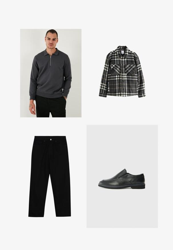 Kostkovaná flanelová bunda v tmavě šedé a bílé barvě, s dvěma bočními kapsami, zapínáním na knoflíky a klasickým designem límce.; Tmavě šedý pulovr s čtvrtinovým zipem vyrobený z hladkého bavlněného směsového materiálu. Disponuje límcem a ribbenými manžetami. Má uvolněný střih a minimalistický design.; Černé džíny s rovně střiženými nohavicemi, designem pěti kapes a předním zapínáním na knoflík. Hladký povrch s minimem švových detailů.; Černá kožená nazouvací bota s hladkým svrškem, prošívanými detaily, zaoblenou špičkou a nízkým gumovým podpatkem. Podešev má minimální vzorek.