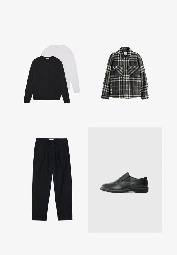 Giacca in flanella a quadri grigia scura e bianca, con due tasche sul petto, chiusura a bottoni e un design di colletto classico.; Felpe in bianco e nero con collo tondo, realizzate in tessuto morbido. La felpa nera presenta un orlo e dei polsini scuri; quella bianca ha polsini chiari.; Pier One Chino - black; Scarpa nera in pelle con inserto scivolare, superiore liscio, dettagli cuciti, punta arrotondata e tacco in gomma basso. La suola presenta un battistrada minimale.