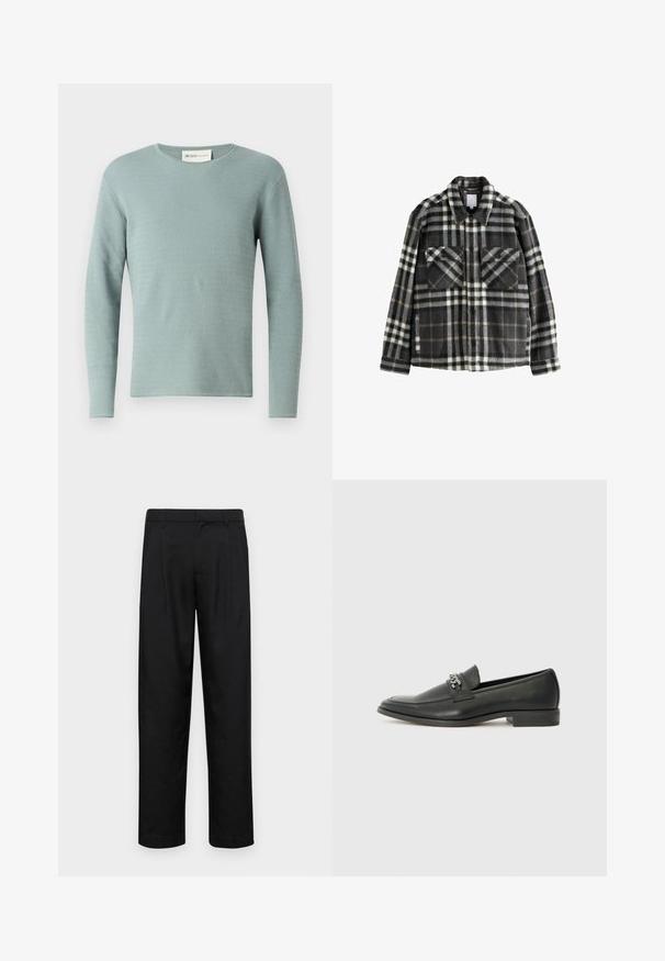 Tumes hallide ja valgete ruuduliste mustriga flanelljakk, millel on kaks rinna taskut, nupuga sulgemine ja klassikaline kaelusdisain.; Hele sinine pikakäiselise kampsuni, millel on tekstuuriga laine muster, ümar kaelus ja soonikkoes mansetid. Valmistatud kudumiskangast, sile tekstuur.; Mustad mustadest riietest, millel on sirge jalgade disain, kaks eesmist voltimist ja tavaline vöökoht, millel on vöökohad.; Must haveate nahkking punased, millel on sile viimistlus, tikitud muster ja dekoratiivne metallkett vampi üle. Tasane konts.
