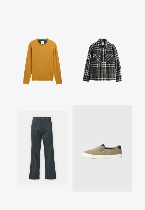 Ruudullinen flanellitakki tummanharmaana ja valkoisena, jossa on kaksi rintataskua, napitus ja klassinen kaulustyyli.; Sininen sinappi neulepaita pitkällä hihalla ja pyöreällä kaula-aukolla. Valmistettu pehmeästä kankaasta, jossa on ribbireunukset ja pieni logo rinnassa.; Mustat housut suoran lahkeen leikkauksella, valmistettu puuvillasekoitekankaasta. Varustettu metallinappikiinnityksellä ja sivutaskuilla. Ei näkyviä kuvioita.; Harmaat slip-on-kengät, joissa on teksturoitu kangasyläosa, vastakkaiset mustat kantakoristeet ja valkoinen kumipohja. Rei'itetty muotoilu hengittävyyden takaamiseksi.