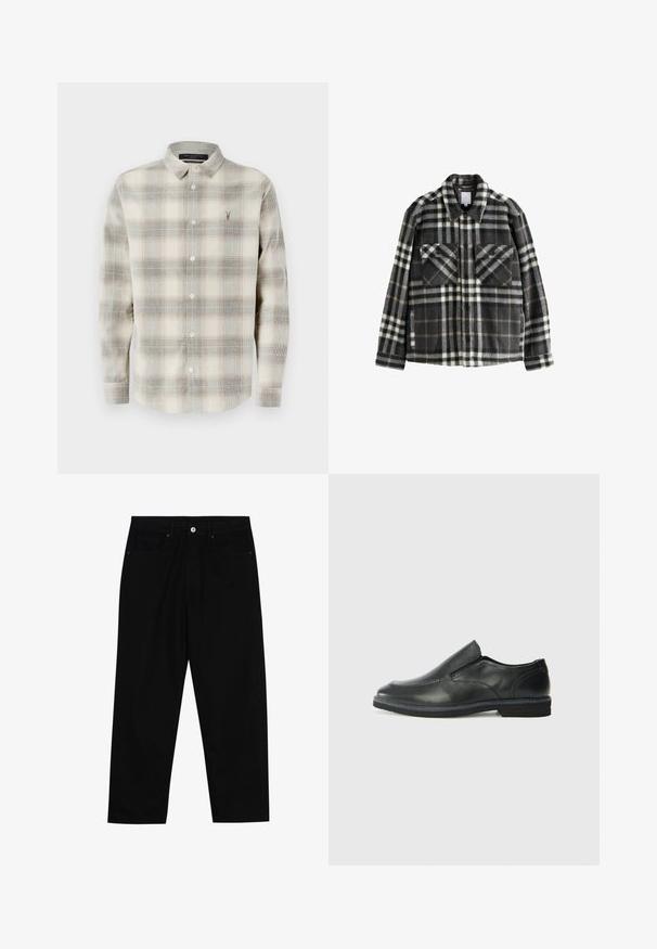 Gemaakt van een geruite flanellen jack in donkergrijs en wit, met twee borstzakken, knoopsluiting en een klassieke kraagontwerp.; Langekleurige overhemden met een beige en grijze ruitpatroon, puntkraag en een klein geborduurd logo op de linkerborst.; Zwarte denim broek met een recht gesneden pasvorm, vijf gebruikersvriendelijke zakken en een sluiting met een knoop aan de voorkant. Soepele textuur met minimale stikdetails.; Zwarte leren instapper met een soepele bovenkant, gestikte accenten, ronde neus en een lage rubberen hak. De zool heeft minimale profiel.