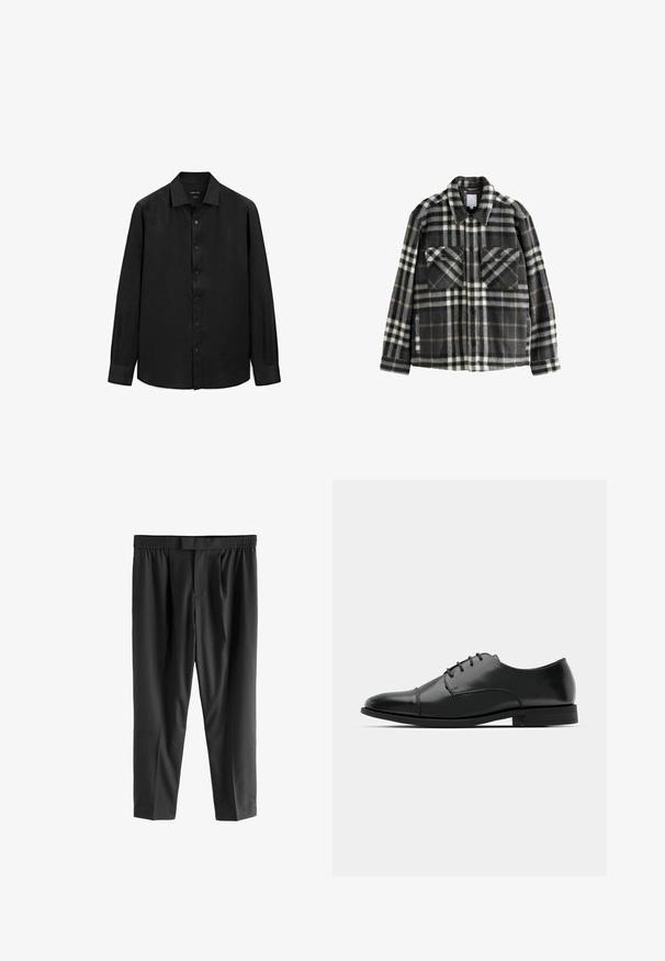 Giacca in flanella a quadri grigia scura e bianca, con due tasche sul petto, chiusura a bottoni e un design di colletto classico.; Maglietta nera a maniche lunghe realizzata in tessuto testurizzato; presenta un colletto a punta e chiusura con bottoni sul davanti. Design semplice, senza motivi.; Next REGULAR FIT -CHECK SMART - Chino - black; Scarpa da uomo in pelle nera con punta rotonda, design con lacci, dettagli di cucitura discreti e tacco basso. Texture liscia con finitura lucida.