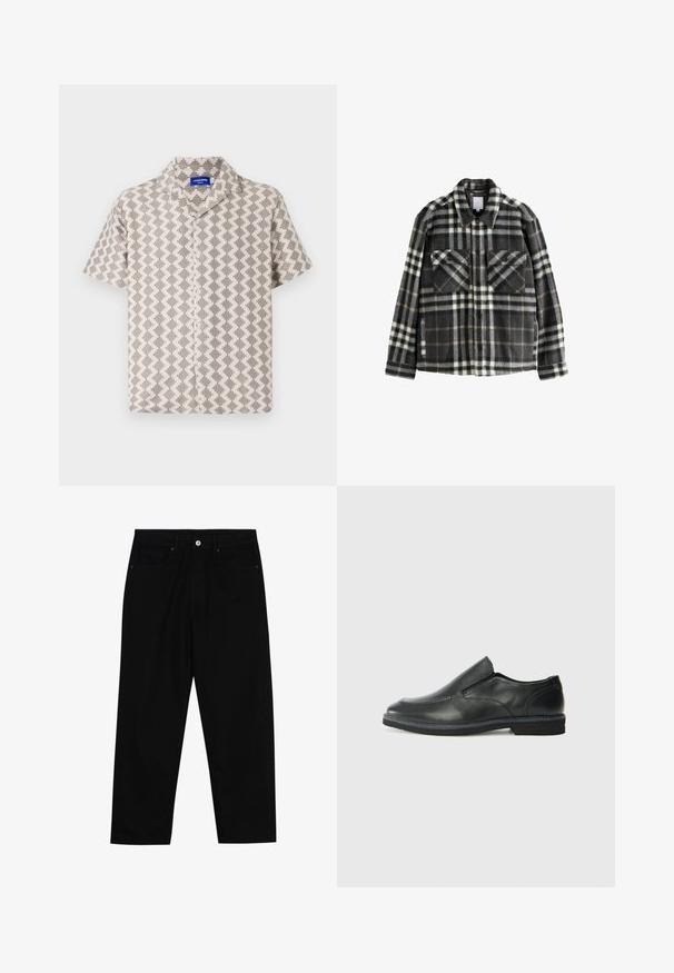 Kariertes Flanelljackett in Dunkelgrau und Weiß, mit zwei Brusttaschen, Knopfschluss und klassischem Kragen.; Kurzärmliges Hemd aus beigem und grauem Stoff mit geometrischem Muster, strukturierter Oberfläche und einem Reverskragen mit Knopfverschluss.; Schwarze Jeans mit geradem Schnitt, Fünf-Taschen-Design und einem vorderen Knopfverschluss. Glatte Textur mit minimalen Nähten.; Schwarze Leder-Slipper mit glattem Obermaterial, gesteppten Akzenten, runder Zehenpartie und niedrigem Gummiabsatz. Die Sohle hat ein minimales Profil.
