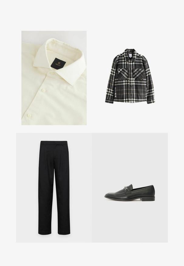 Karirana flanelasta jakna v temno sivi in beli barvi, z dvema žepoma na prsih, gumbnim zapiranjem in klasičnim ovratnikom.; Kremna srajca s krznim ovratnikom, ki ima črn tag "NEXT" in bele gumbe vzdolž sprednjega dela.; Črne hlače iz gladkega materiala, s krojem ravne noge, dvema sprednjima pregiboma in standardnim pasom z zankami za pas.; Črni usnjeni loafer z gladko površino, ki ima šivano zasnovo in dekorativni kovinski verižni naglas preko vampirja. Ravno peto.