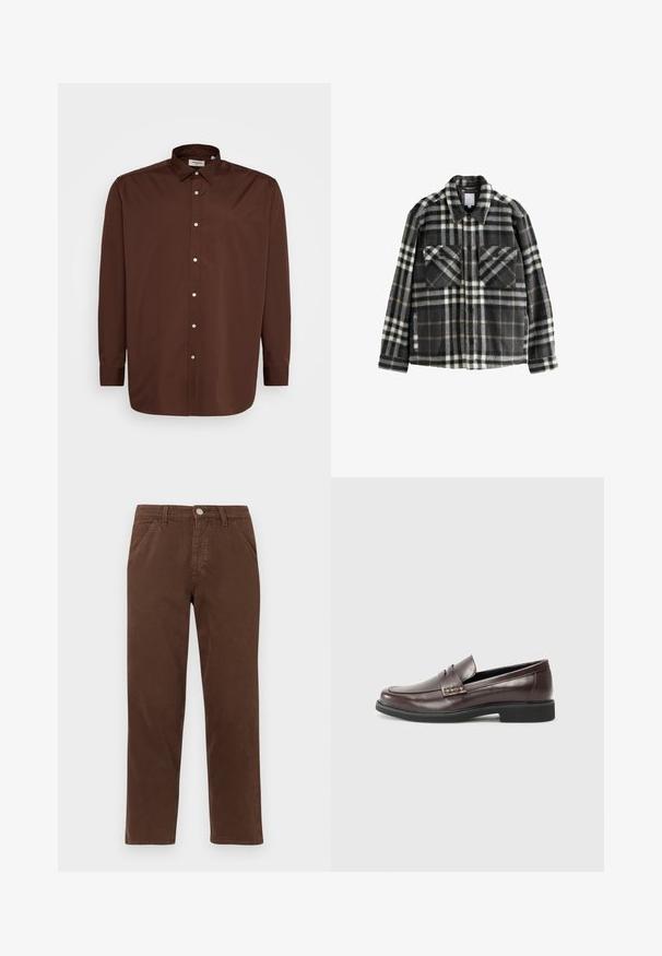 Tumes hallide ja valgete ruuduliste mustriga flanelljakk, millel on kaks rinna taskut, nupuga sulgemine ja klassikaline kaelusdisain.; Pruun nööpidega särk, millel on avar krae, pikad varrukad ja sile kangatekstuuri. Ees on valged nööd.; Pruunist puuvillast valmistatud sirged püksid, esikotid ja metallnupu sulgemine. Omab siledaid tekstuure ja minimaalset disaini.; PRUUNID NAASTE NAHK LOFAERID sileda pinnaga, millel on peene õmblustunne ülemise serva juures ja must kummitald.
