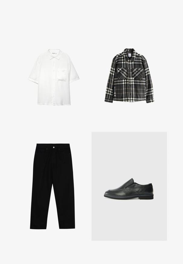 Rutig flanelljacka i mörkgrått och vitt, med två bröstfickor, knappstängning och en klassisk krage.; Kortärmad vit skjorta med knappar, tillverkad av slät tyg, med krage och en bröstficka, med en avslappnad passform.; Svarta denimbyxor med rak passform, femficksdesign och framknäppning. Slät textur med minimala sömdetaljer.; Svart lädersko i slip-on-modell med en slät ovandel, sömnadsdetaljer, rund tå och låg gummihäl. Sulan har minimal mönstring.