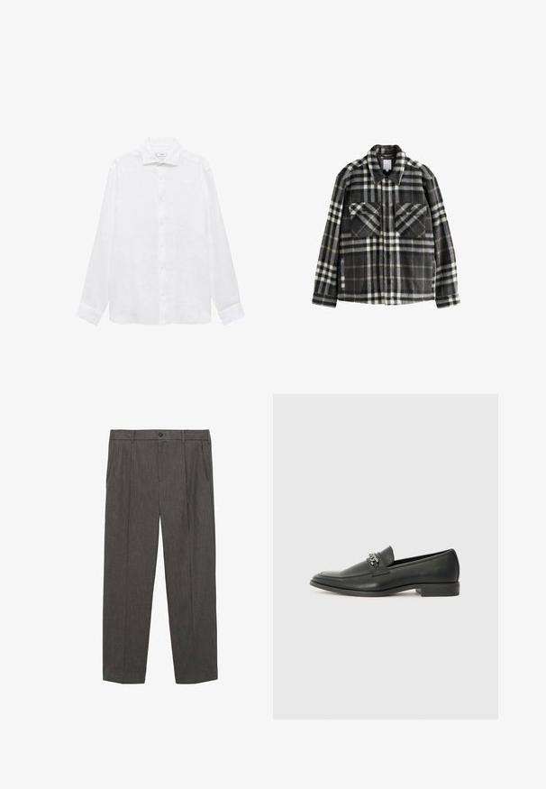 Kostkovaná flanelová bunda v tmavě šedé a bílé barvě, s dvěma bočními kapsami, zapínáním na knoflíky a klasickým designem límce.; Bílá košile s dlouhým rukávem vyrobená z lehkého materiálu. Má klasický límec, zapínání na knoflíky a manžety s zaoblenými okraji.; Šedé, upravené kalhoty vyrobené z texturované látky. Mají knoflíkovou pevnost, dvě přední kapsy a rovné nohavice.; Černé kožené mokasíny s hladkým povrchem, s prošívaným designem a dekoračním kovovým řetízkem přes nárt. Plochý podpatek.