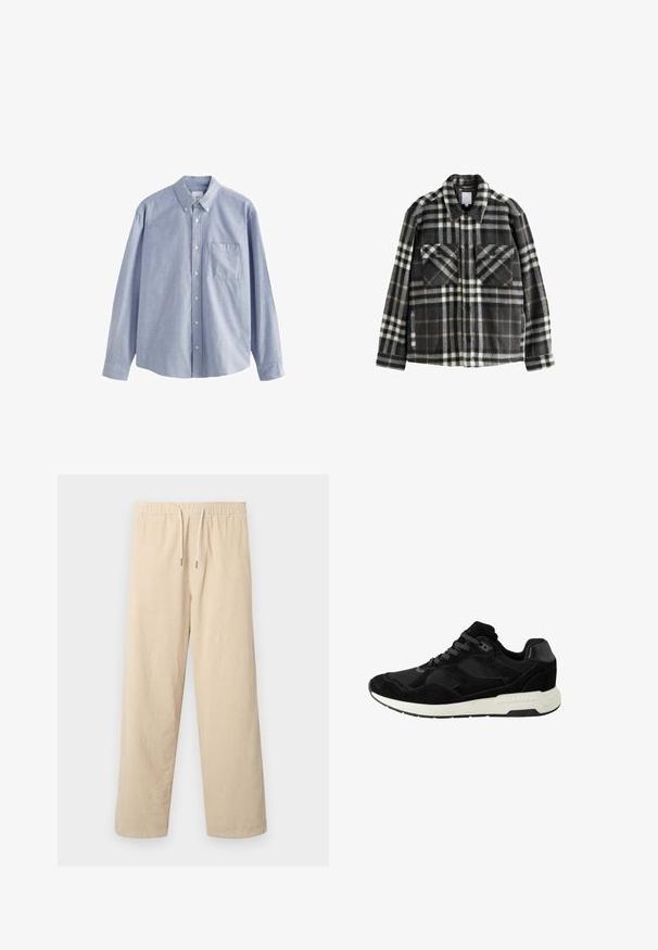 Tamsiai pilka ir balta languota flanelinė striukė, turinti dvi krūtines kišenes, mygtukų užsegimą ir klasikinį apykaklės dizainą.; Šviesiai mėlynas ilgomis rankovėmis marškinis, pagamintas iš medvilnės, su mygtukų įsegimu, šešiais mygtukais ir krūtinės kišene, pasižymintis švelniu paviršiumi.; Bežinės kordūro kojos su elastine juosta ir raišteliu, išsiskiriančios plačiomis kojomis ir vertikalia šonkauliuota tekstūra.; Juodas sportinis batai, pagaminti iš zomšos ir tinklelio, su apvalia nosimi, raišteliu ir baltu guminio pado, dekoruotu tekstūromis.