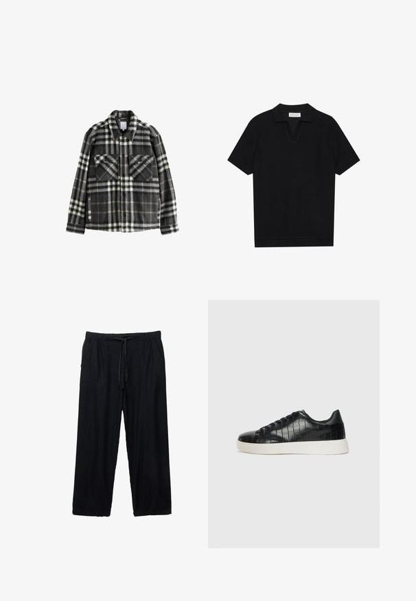 Károvaná flanelová bunda v tmavošedej a bielej farbe, s dvoma náprsnými vreckami, zapínaním na gombíky a klasickým dizajnom goliera.; Čierna polo tričko s krátkymi rukávmi, vyrobené z textúrovaného, rebrovaného materiálu, s véčkovým výstrihom a rovnými okrajmi. Bez viditeľných log a vzorov.; Čierne, ľahké nohavice s širokými nohavicami, elastickým pásom a šnúrkou. Obsahujú dve bočné vrecká a majú hladkú textúru.; Čierne tenisky s textúrovaným kroko-embosovaným koženým zvrškom, zaoblenou špičkou a kontrastnou bielou gumovou podrážkou s hladkým povrchom.