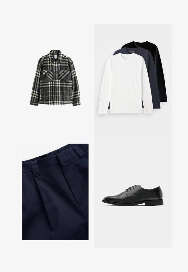 Rute flannel jakke i mørkegrå og hvid, med to brystlommer, knaplukning og et klassisk kravedesign.; Tre langærmede T-shirts stablet: en hvid, en mørk marineblå og en sort. Lavet af glat bomuld med runde halsudskæringer og sideslids.; Marineblå plisserede bukser med en glat, struktureret stof. Har en flad talje og bæltestropper, designet til komfort og pasform.; Sort læder dress-sko med rund tå, snørebåndsdesign, diskrete syninger og lav hæl. Glat tekstur med poleret finish.