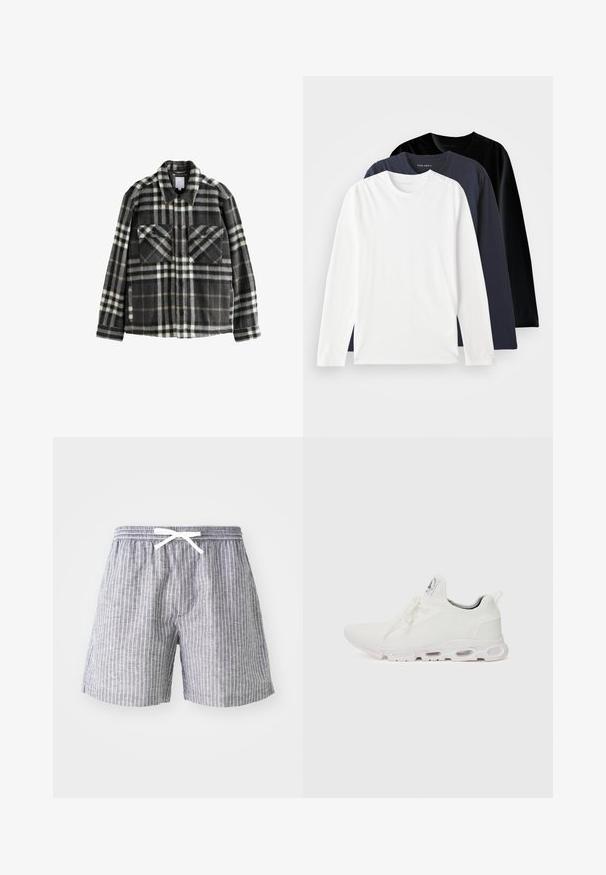 Plaid flannel jacket in dark gray and white, featuring two chest pockets, button closure, and a classic collar design.; Three long-sleeve T-shirts stacked: one white, one dark navy, and one black. Made of smooth cotton, featuring round necklines and side slits.; Gray striped shorts with a drawstring waist, crafted from lightweight fabric. Features vertical white stripes and a loose, comfortable fit.; White athletic shoes featuring a textured knit upper, flat laces, and a cushioned sole with visible air chambers for added support.