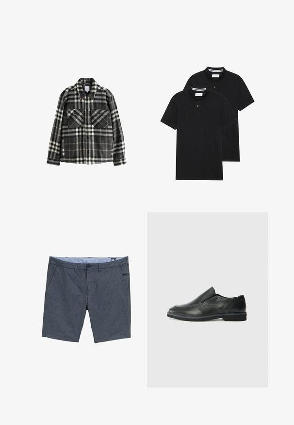 Károvaná flanelová bunda v tmavošedej a bielej farbe, s dvoma náprsnými vreckami, zapínaním na gombíky a klasickým dizajnom goliera.; Dvé čierne polo tričká, krátke rukávy, vyrobené z bavlny, s klasickým golierom, dvojitým gombíkom a bielymi pruhmi vo vnútri goliera.; Námornícky modré šortky vyrobené z textúrovanej tkaniny. Obsahujú dve bočné vrecká, zapínanie na gombík a malú dekoratívnu nášivku vpredu.; Čierny kožený nazúvací topánka s hladkým zvrškom, prešitými akcentmi, zaoblenou špičkou a nízkym gumovým podpätkom. Podošva má minimálny dezén.