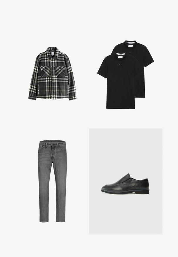 Károvaná flanelová bunda v tmavošedej a bielej farbe, s dvoma náprsnými vreckami, zapínaním na gombíky a klasickým dizajnom goliera.; Dvé čierne polo tričká, krátke rukávy, vyrobené z bavlny, s klasickým golierom, dvojitým gombíkom a bielymi pruhmi vo vnútri goliera.; Sivé džínsy z denimu so rovný strihom, päť vrecúškovým dizajnom a kovovým zapínaním. Dobre nosená textúra a jemné vyblednutie po celom povrchu.; Čierny kožený nazúvací topánka s hladkým zvrškom, prešitými akcentmi, zaoblenou špičkou a nízkym gumovým podpätkom. Podošva má minimálny dezén.