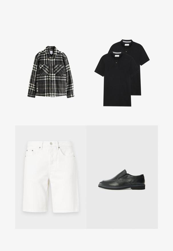 Tamsiai pilka ir balta languota flanelinė striukė, turinti dvi krūtines kišenes, mygtukų užsegimą ir klasikinį apykaklės dizainą.; Du žaidimų juodos polo marškiniai, trumpomis rankovėmis, pagaminti iš medvilnės, su klasikinėmis apykaklėmis, dviem mygtukais priekyje ir baltais dryžiais apykaklės viduje.; Balti džinsiniai šortai su tiesiu sijonu, su priekiniais mygtukais, penkiomis kišenėmis ir subtiliais siuvimo akcentais.; Juodai odiniai įtvirtinimo batai su lygiu paviršiumi, siuvinėjimo akcentais, apvalia nosimi ir žemu guminiu kulnu. Pado raštas minimalus.