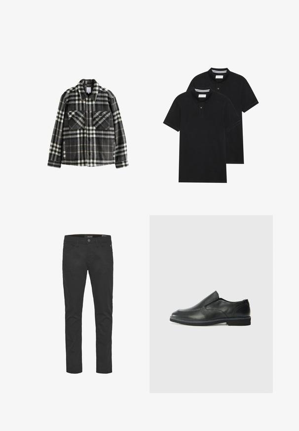 Rutig flanelljacka i mörkgrått och vitt, med två bröstfickor, knappstängning och en klassisk krage.; Två svarta polo t-shirts, kortärmade, i bomullsmaterial, med en klassisk krage, tvåknappsslutning och vita randiga accenter inuti kragen.; Svarta bomullsblandade byxor med slim fit, med fem fickor, framknapp och dragkedja, samt diskreta söm detaljer.; Svart lädersko i slip-on-modell med en slät ovandel, sömnadsdetaljer, rund tå och låg gummihäl. Sulan har minimal mönstring.