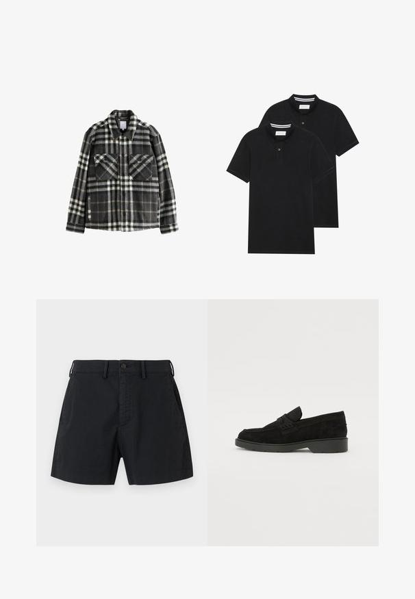 Giacca in flanella a quadri grigia scura e bianca, con due tasche sul petto, chiusura a bottoni e un design di colletto classico.; Due magliette polo nere, con maniche corte, in cotone, con colletto classico, pattina a due bottoni e dettagli a righe bianche all'interno del colletto.; Pantaloni corti neri in cotone con vita bottone, tasche laterali e design a taglio dritto. Texture liscia con un'estetica minimale.; Mocassini in suede neri con tacco basso, dotati di una semplice fascia sulla parte superiore e dettagli testurizzati lungo i lati.