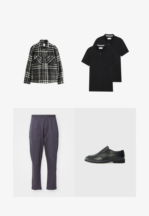Kariertes Flanelljackett in Dunkelgrau und Weiß, mit zwei Brusttaschen, Knopfschluss und klassischem Kragen.; Zwei schwarze Polohemden, kurzärmlig, aus Baumwolle, mit einem klassischen Kragen, zwei Knöpfen und weißen Streifenakzenten im Inneren des Kragens.; Dunkelgraue, leichte Hosen mit einem elastischen Bund, zwei Fronttaschen, geradem Bein-Design und glatter Textur.; Schwarze Leder-Slipper mit glattem Obermaterial, gesteppten Akzenten, runder Zehenpartie und niedrigem Gummiabsatz. Die Sohle hat ein minimales Profil.