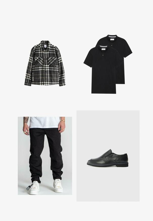 Rutig flanelljacka i mörkgrått och vitt, med två bröstfickor, knappstängning och en klassisk krage.; Två svarta polo t-shirts, kortärmade, i bomullsmaterial, med en klassisk krage, tvåknappsslutning och vita randiga accenter inuti kragen.; Svarta denimjeans med en avslappnad passform, med synliga sömmar, sidofickor och en tagg fäst vid skon. Vita sneakers fulländar looken.; Svart lädersko i slip-on-modell med en slät ovandel, sömnadsdetaljer, rund tå och låg gummihäl. Sulan har minimal mönstring.