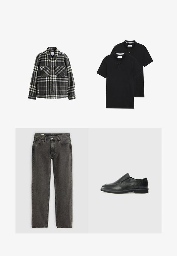 Sötét szürke és fehér kockás flaneldzseki, két mellzsebbel, gombos záródással és klasszikus gallér kialakítással.; Két fekete pólóing, rövid ujjú, pamut anyagból készült, klasszikus gallérral, két gombos gombolással, és fehér csíkos díszítéssel a gallér belső részén.; Fekete elhalványodott egyenes lábú farmernadrág, öt zsebbel, gombos záródással és övhurkokkal, fehér háttéren lefektetve.; Fekete bőr, slip-on cipő sima felsőrésszel, varrott díszítéssel, lekerekített orral és alacsony gumitalppal. A talpa minimális bordázattal rendelkezik.