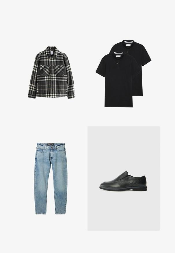 Ruudullinen flanellitakki tummanharmaana ja valkoisena, jossa on kaksi rintataskua, napitus ja klassinen kaulustyyli.; Kaksi mustaa lyhythihaista poolopaitaa, puuvillamateriaalia, joissa on klassinen kaulus, kahden napin napitus ja valkoiset raidat kauluksen sisällä.; Vaaleansiniset farkut, joissa on löysä malli, viisi taskua ja kontrastiväriset ompeleet. Ominaisuuksiin kuuluu napin sulkeminen ja suora lahje.; Musta nahkainen liukujalkine, jossa on sileä pinta, ommeltuja yksityiskohtia, pyöristetty kärki ja matala kumipohja. Pohjassa on minimaalinen pito.