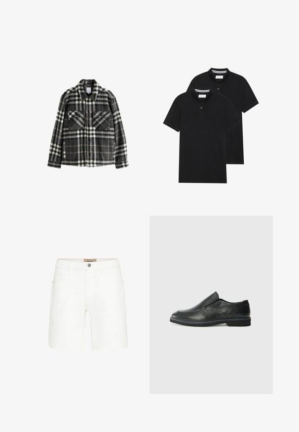 Ruudullinen flanellitakki tummanharmaana ja valkoisena, jossa on kaksi rintataskua, napitus ja klassinen kaulustyyli.; Kaksi mustaa lyhythihaista poolopaitaa, puuvillamateriaalia, joissa on klassinen kaulus, kahden napin napitus ja valkoiset raidat kauluksen sisällä.; Valkoiset farkkushortsit, joissa on klassinen viisi taskua -design, metallinen napitus ja kontrastiväriset ompeluyksityiskohdat. Sujuva tekstuuri ja suora leikkaus.; Musta nahkainen liukujalkine, jossa on sileä pinta, ommeltuja yksityiskohtia, pyöristetty kärki ja matala kumipohja. Pohjassa on minimaalinen pito.