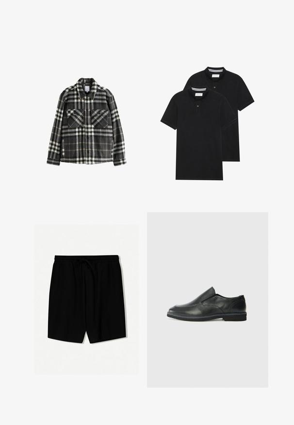 Giacca in flanella a quadri grigia scura e bianca, con due tasche sul petto, chiusura a bottoni e un design di colletto classico.; Due magliette polo nere, con maniche corte, in cotone, con colletto classico, pattina a due bottoni e dettagli a righe bianche all'interno del colletto.; Pantaloni corti neri realizzati in tessuto leggero, con vita elastica e cordoncino, pieghe frontali e lunghezza sopra il ginocchio.; Scarpa nera in pelle con inserto scivolare, superiore liscio, dettagli cuciti, punta arrotondata e tacco in gomma basso. La suola presenta un battistrada minimale.