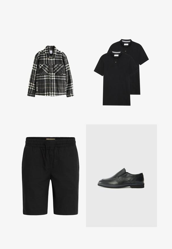 Kariertes Flanelljackett in Dunkelgrau und Weiß, mit zwei Brusttaschen, Knopfschluss und klassischem Kragen.; Zwei schwarze Polohemden, kurzärmlig, aus Baumwolle, mit einem klassischen Kragen, zwei Knöpfen und weißen Streifenakzenten im Inneren des Kragens.; Schwarze Shorts aus einem leichten Stoff, mit einem elastischen Bund und Kordelzug sowie seitlichen Taschen für mehr Komfort.; Schwarze Leder-Slipper mit glattem Obermaterial, gesteppten Akzenten, runder Zehenpartie und niedrigem Gummiabsatz. Die Sohle hat ein minimales Profil.