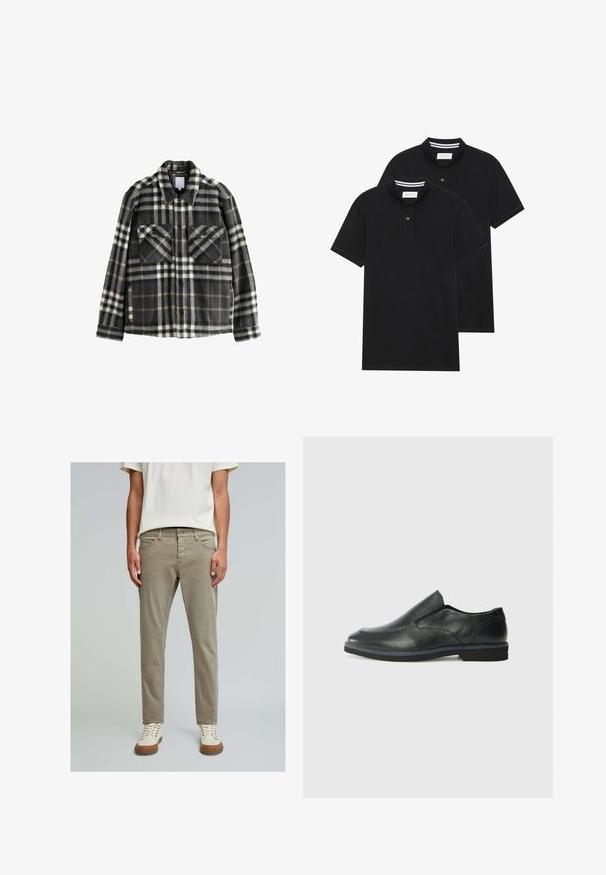 Veste en flanelle à carreaux en gris foncé et blanc, dotée de deux poches poitrine, d'une fermeture à boutons et d'un design de col classique.; Deux polos noirs, à manches courtes, en coton, avec un col classique, une patte de boutonnage à deux boutons, et des accents rayés blancs à l'intérieur du col.; Pantalons en coton khaki clair avec une coupe slim, cinq poches et une texture lisse. Associés à des baskets crème avec des semelles en caoutchouc brun.; Chaussure slip-on en cuir noir avec une tige lisse, des accents cousus, un bout arrondi et un petit talon en caoutchouc. La semelle présente un profil de traction minimal.