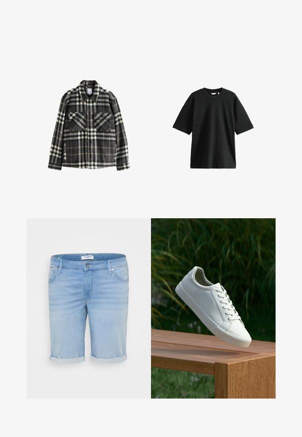 Tumes hallide ja valgete ruuduliste mustriga flanelljakk, millel on kaks rinna taskut, nupuga sulgemine ja klassikaline kaelusdisain.; Must musta värviline t-särk, mis on valmistatud puuvillast, on ümar kaelus ja lahtine lõige, millel on pehme tekstuur ja minimaalne kaunistus.; Heled sinised teksashortsid, millel on veidi pleekinud viimistlus, volditud servad, viie tasku disain ja metallist nööbi kinnitamine.; Valged nööpidega ketsid, mis hõljuvad puidust pingil rohelise lehestiku taustal, näidates uue disaini ja tekstuuri.