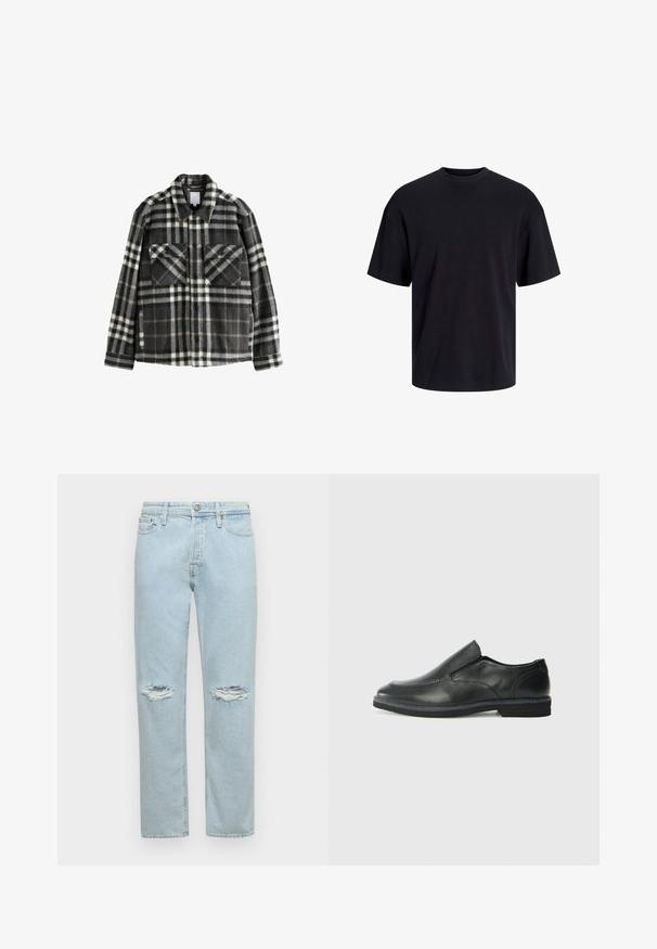 Ruudullinen flanellitakki tummanharmaana ja valkoisena, jossa on kaksi rintataskua, napitus ja klassinen kaulustyyli.; Musta puuvillapaita, jossa on pyöreä kaula-aukko, lyhyet hihat ja rento muotoilu. Yksinkertainen ja sileä pinta, ilman näkyviä kuvioita tai koristeita.; Vaaleansinisiä farkkuhousuja, joissa on suora leikkaus, kaksi kulutettua polvipaikkaa ja tavanomainen viiden taskun malli napilla.; Musta nahkainen liukujalkine, jossa on sileä pinta, ommeltuja yksityiskohtia, pyöristetty kärki ja matala kumipohja. Pohjassa on minimaalinen pito.