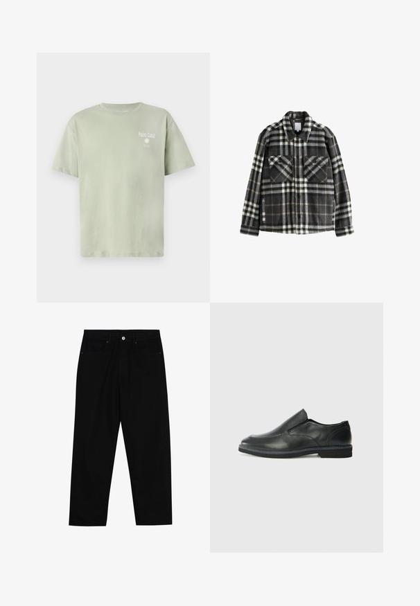 Gemaakt van een geruite flanellen jack in donkergrijs en wit, met twee borstzakken, knoopsluiting en een klassieke kraagontwerp.; Lichtgroen katoenen T-shirt met korte mouwen, waarop de tekst "Palm Coast" en een zonafbeelding in het wit op de voorkant zijn gedrukt.; Zwarte denim broek met een recht gesneden pasvorm, vijf gebruikersvriendelijke zakken en een sluiting met een knoop aan de voorkant. Soepele textuur met minimale stikdetails.; Zwarte leren instapper met een soepele bovenkant, gestikte accenten, ronde neus en een lage rubberen hak. De zool heeft minimale profiel.