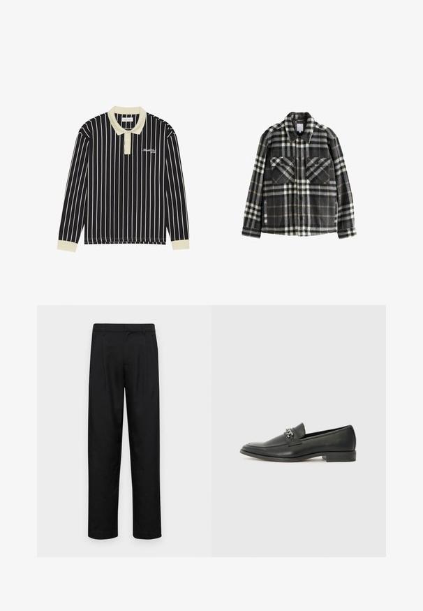 Tumes hallide ja valgete ruuduliste mustriga flanelljakk, millel on kaks rinna taskut, nupuga sulgemine ja klassikaline kaelusdisain.; Pika varrukatega polo särk, millel on tumehallid ja kreemjad vertikaalsed triibud, kreemjas krae, kolme nupuga sulgur ja vasakul rinnal tikitud logo.; Mustad mustadest riietest, millel on sirge jalgade disain, kaks eesmist voltimist ja tavaline vöökoht, millel on vöökohad.; Must haveate nahkking punased, millel on sile viimistlus, tikitud muster ja dekoratiivne metallkett vampi üle. Tasane konts.