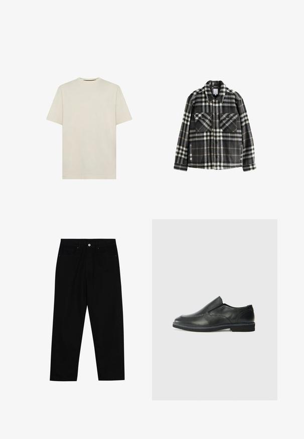 Tumši pelēks un balts raibs flaneles jaka ar divām krūšu kabatām, pogu aizdari un klasiskas apkakles dizainu.; Gai beizs kokvilnas T-krekls ar klasisku apaļu kakla izgriezumu un īsām piedurknēm. Vienkāršs, neizgreznotais dizains. Mīksta auduma tekstūra, regulāra piegriezuma.; Melni džinsi ar taisnu kāju griezumu, piecu kabatu dizainu un priekšēju pogu aizdari. Gluda tekstūra ar minimālu šuvju detaļu skaitu.; Melnas ādas slip-on kurpes ar gludu augšdaļu, izšūtām akcentiem, noapaļotu purngala daļu un zemu gumijas papēdi. Zole ar minimālu rakstu.