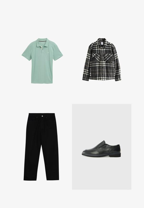Tumši pelēks un balts raibs flaneles jaka ar divām krūšu kabatām, pogu aizdari un klasiskas apkakles dizainu.; Gaiši zaļa polo krekls no elpojoša auduma ar īsām piedurknēm. Iekļauj trīs pogu atvēršanu un neuzkrītošu logotipu krūtīs.; Melni džinsi ar taisnu kāju griezumu, piecu kabatu dizainu un priekšēju pogu aizdari. Gluda tekstūra ar minimālu šuvju detaļu skaitu.; Melnas ādas slip-on kurpes ar gludu augšdaļu, izšūtām akcentiem, noapaļotu purngala daļu un zemu gumijas papēdi. Zole ar minimālu rakstu.